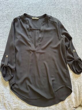 Lush Black Split-Neck Roll-Tab Blouse